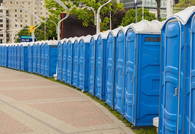 a line of portable restrooms set up for a wedding or special event, ensuring guests have access to comfortable and clean facilities throughout the duration of the celebration in Irvington